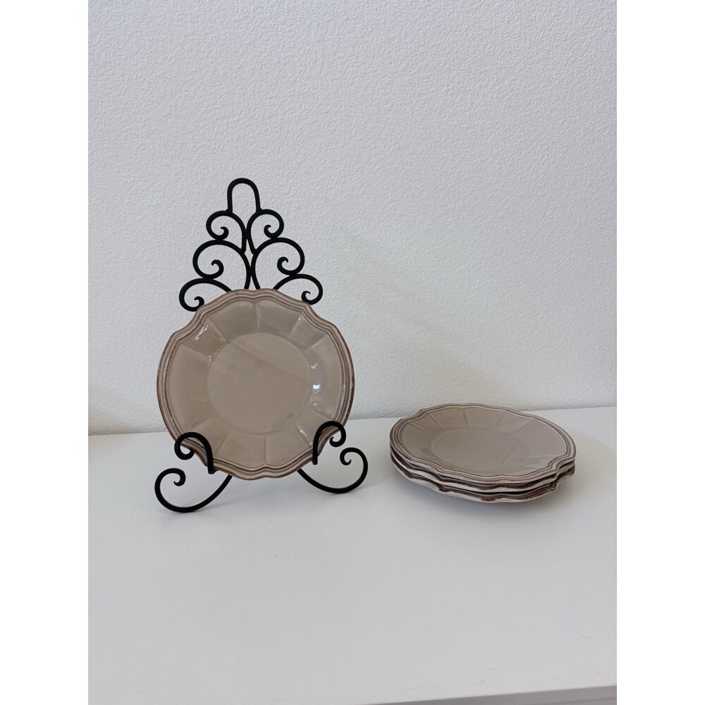 Bizzirri Barocco Salad Plates 9" Round Set (4) Ceramic Handmade Italy Taupe